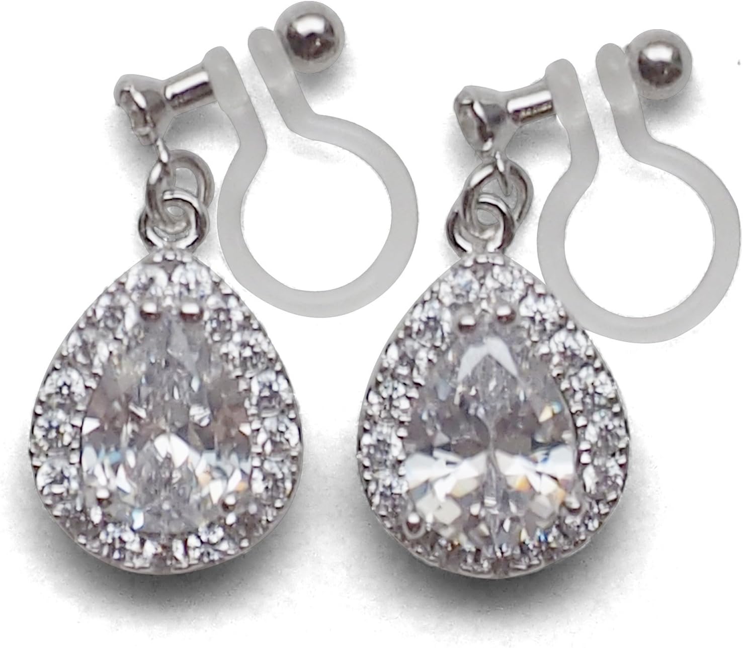 Cubic Zirconia CZ Crystal Teardrop Dangle Invisible Clip On Earrings Silver tone Wedding Bridal/Miyabi Grace – Women Fashion