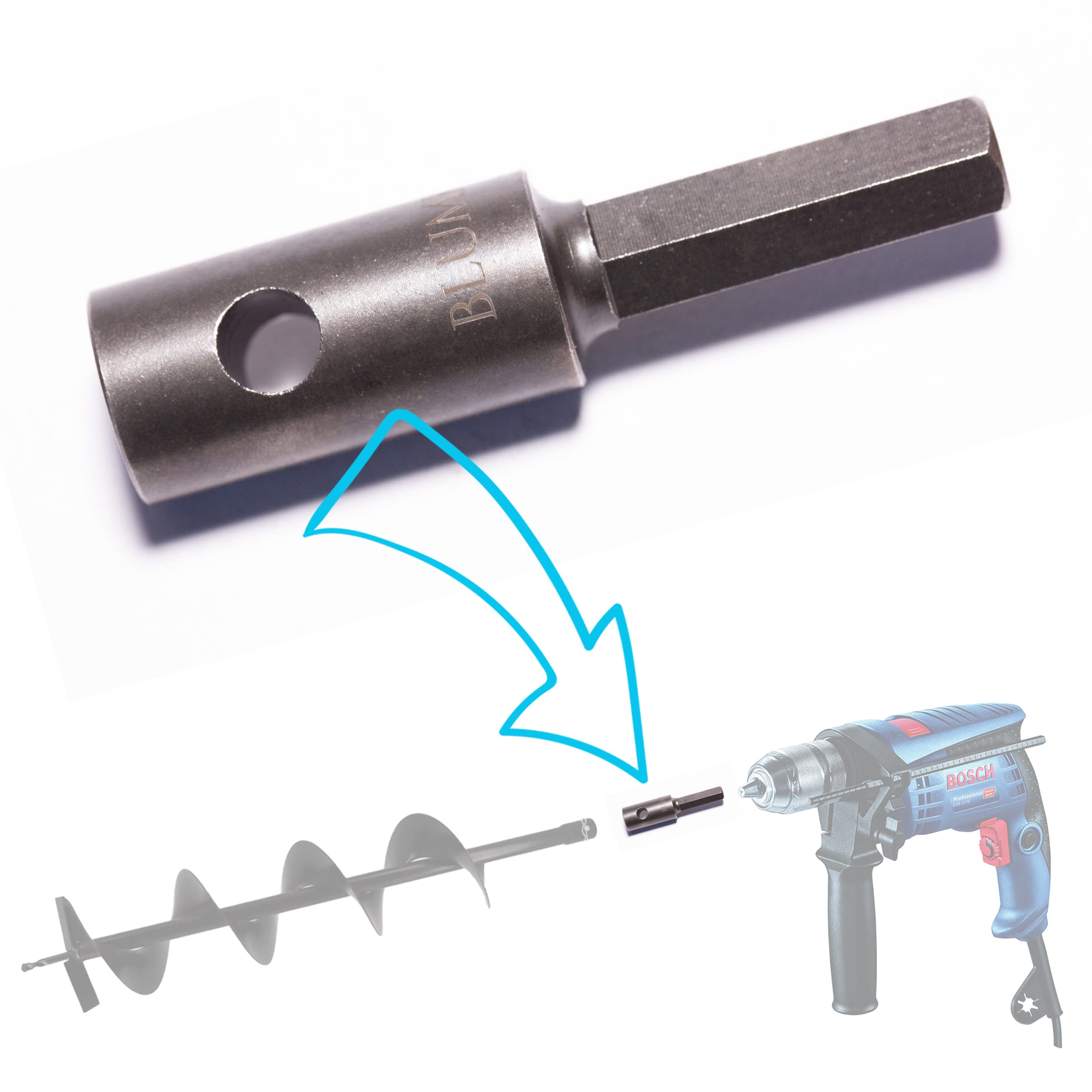 Auger Adapter for Drill: Hexagon Socket (HEX) 12mm for Digging Holes Stakes, Posts, Fencing — image 1