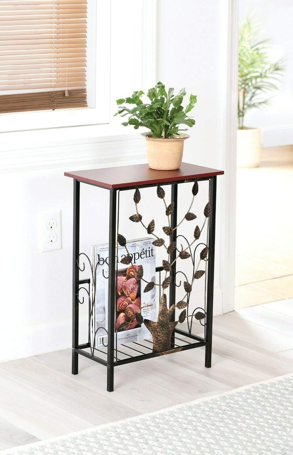 Amazon Com Sofa Table Accent Side End Table Entrance Table With Magazine Holder Metal Leaf Design With Wood Top Kitchen Dining
