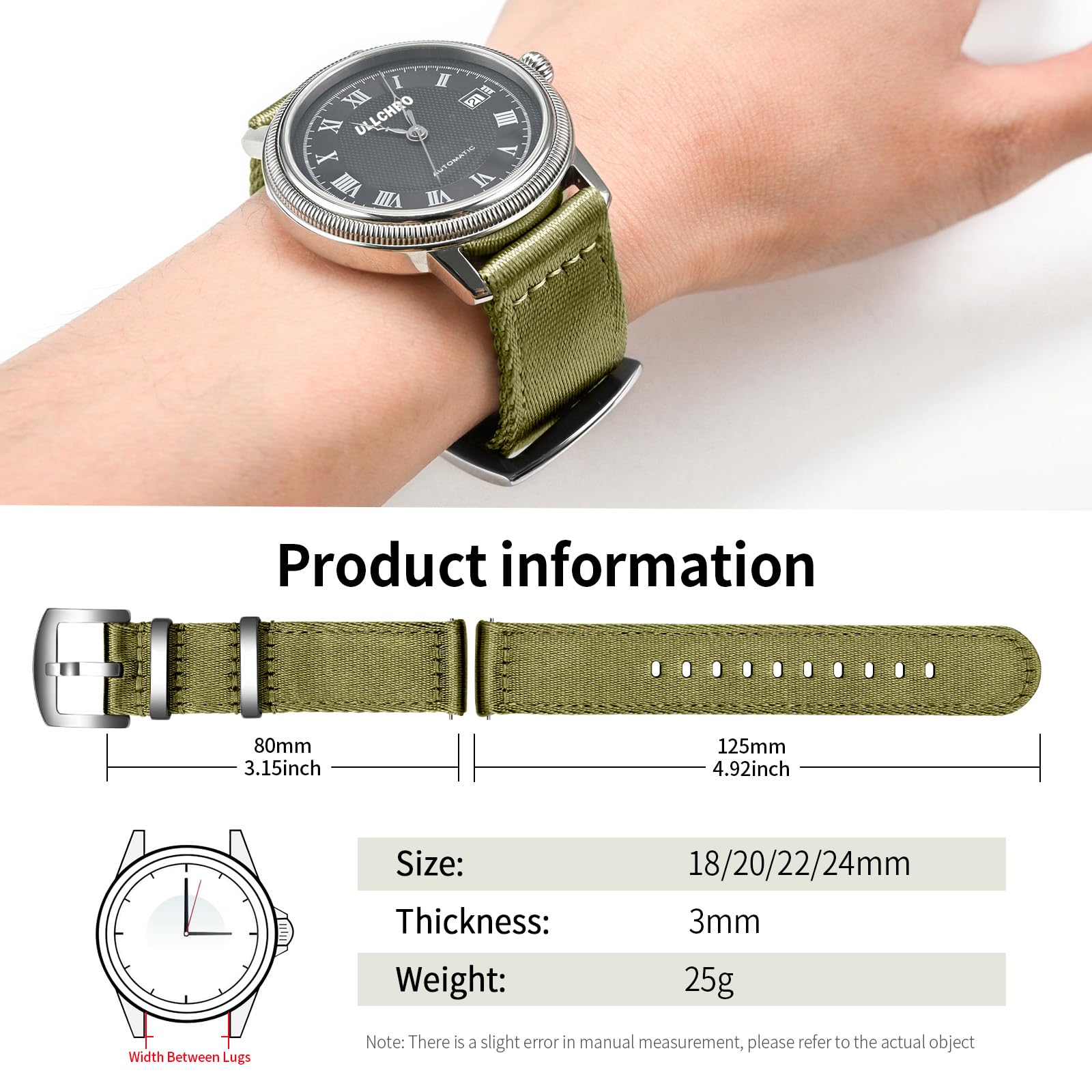 ULLCHRO Nylon Watch Strap Replacement Canvas Watch Band Military Army Men Women - 18mm, 20mm, 22mm, 24mm Watch Bracelet with Stainless Steel Silver Buckle