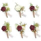 Floroom Set of 6 Burgundy & Ivory Foam Rose Boutonnieres with Pins for Men Wedding for Groom Groomsmen Wedding Ceremonies Anniversaries Formal Dinners Parties Proms