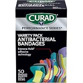 CURAD Performance Series Antibacterial Bandages, Extreme Hold Adhesive Technology, Finger &amp; Knuckle Bandages, Flexible Fabric, Variety Pack with Assorted Sizes &amp; Colors, 50 Count