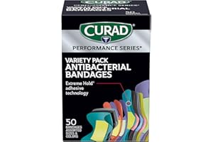 CURAD Performance Series Antibacterial Bandages, Extreme Hold Adhesive Technology, Finger & Knuckle Bandages, Flexible Fabric, Variety Pack with Assorted Sizes & Colors, 50 Count
