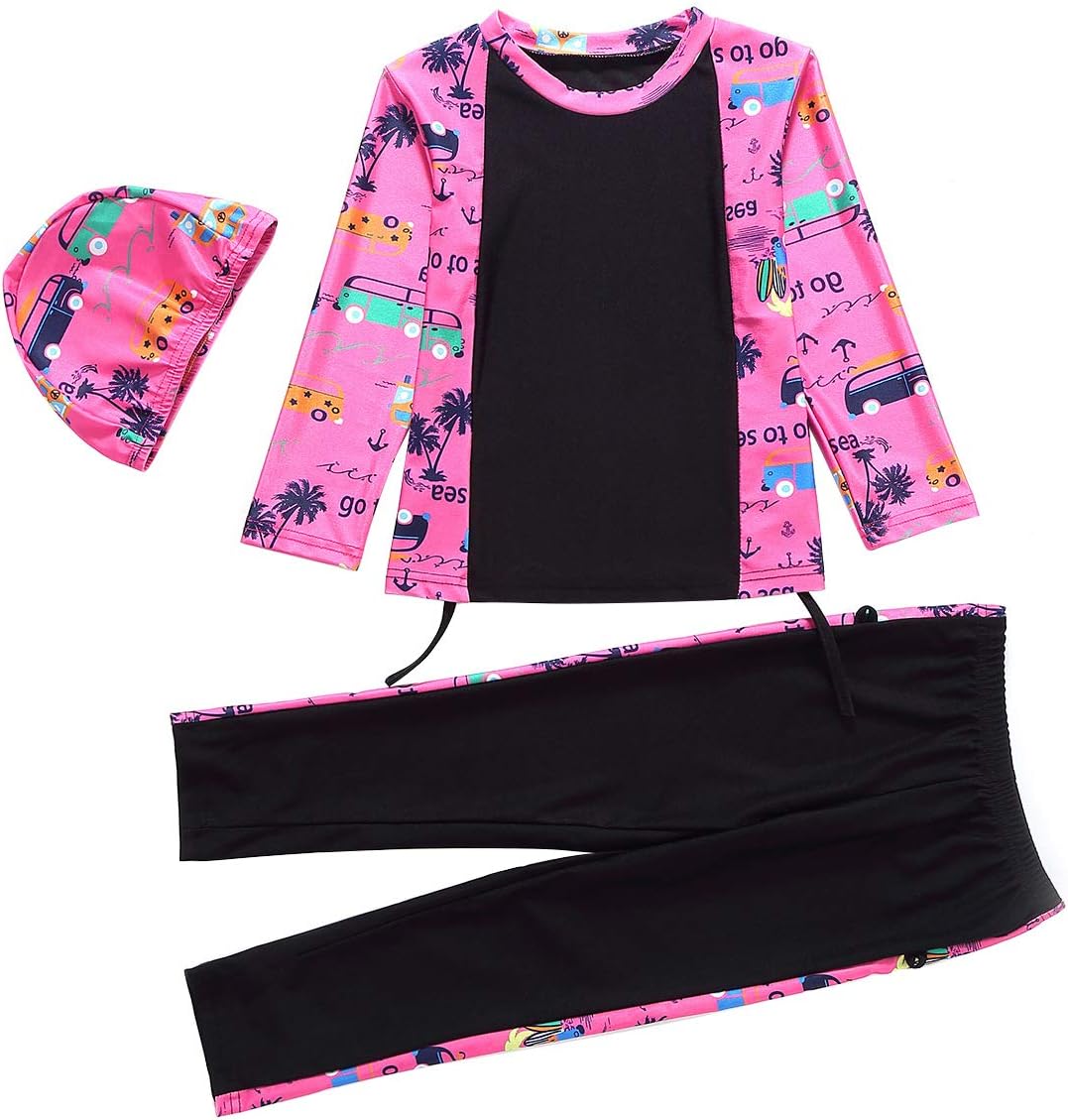 Acqrobe Girls Modest Swimsuits 3 Pieces Islamic Burkini Tankinis Swimming Costumes Sun Protection Surfing Suit