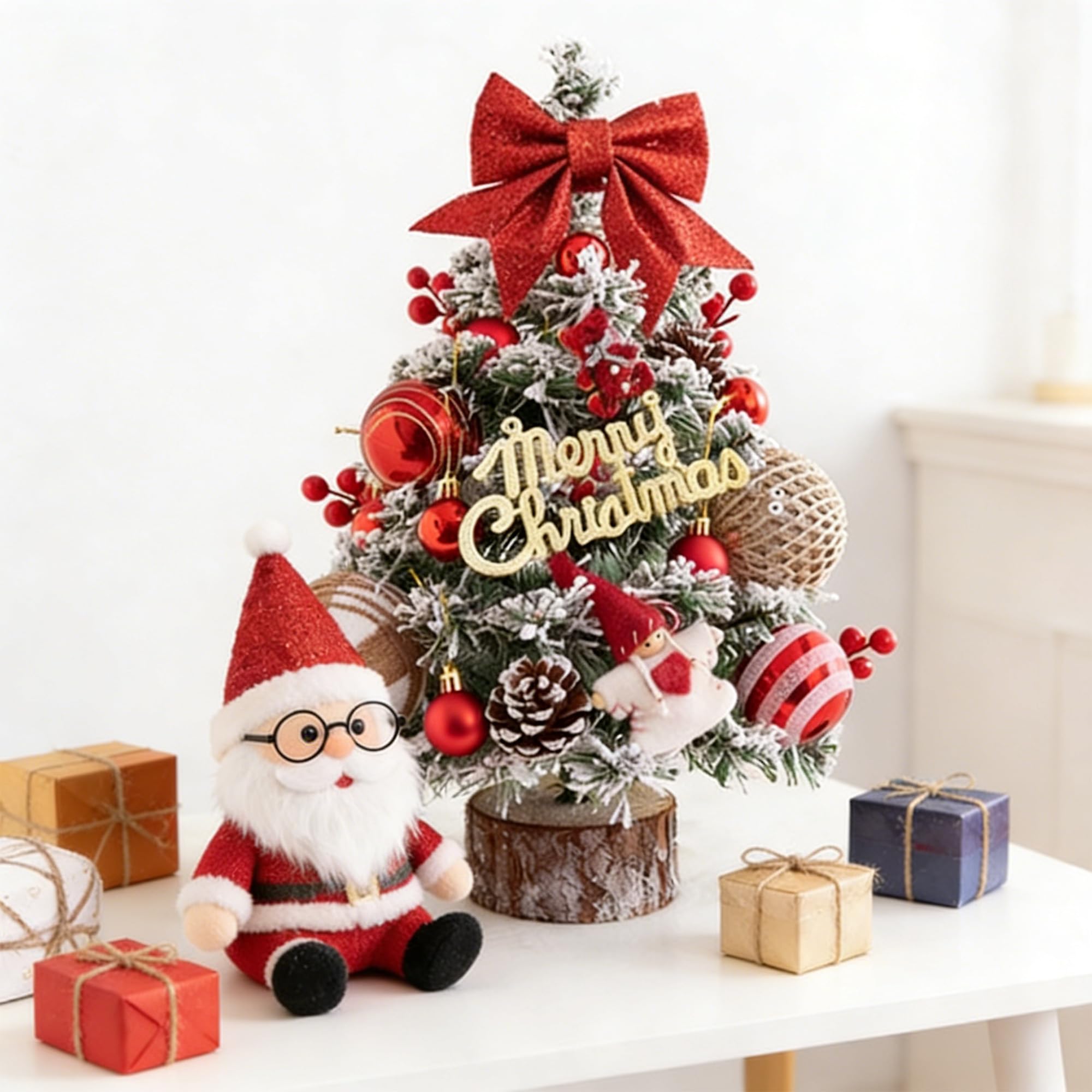 DXIA 45cm Mini Artificial Christmas Tree, Small Christmas Tree with Bows, Christmas Balls and Pine Cones, Realistic Artificial Tabletop Christmas Tree, Christmas Desktop Decorations, Red