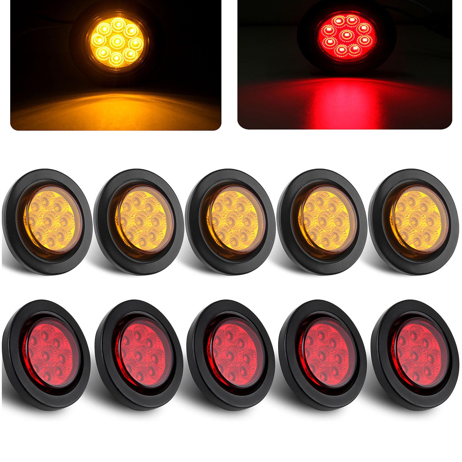 Photo 1 of 10PCS 2inch Round LED Marker Lights 9 LEDs w/Reflectors, 5 Amber + 5 Red 2" Round LED Trailer Lights Side Clearance Marker Lights for Truck RV Sealed Flush Grommets Mount w/2 Prong Wire Pigtails