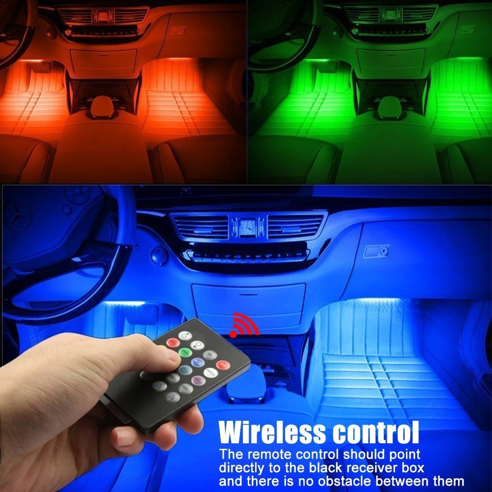 YaphteS Car LED Strip Lights 4pcs 48 LED Multicolor with Sound Active Function and Waterproof Wireless Remote Control Car Interior Lighting Kit