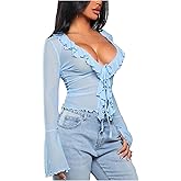 Milumia Women's Long Bell Sleeve Tie Front Top Ruffle Trim See Through Mesh Crop Tops