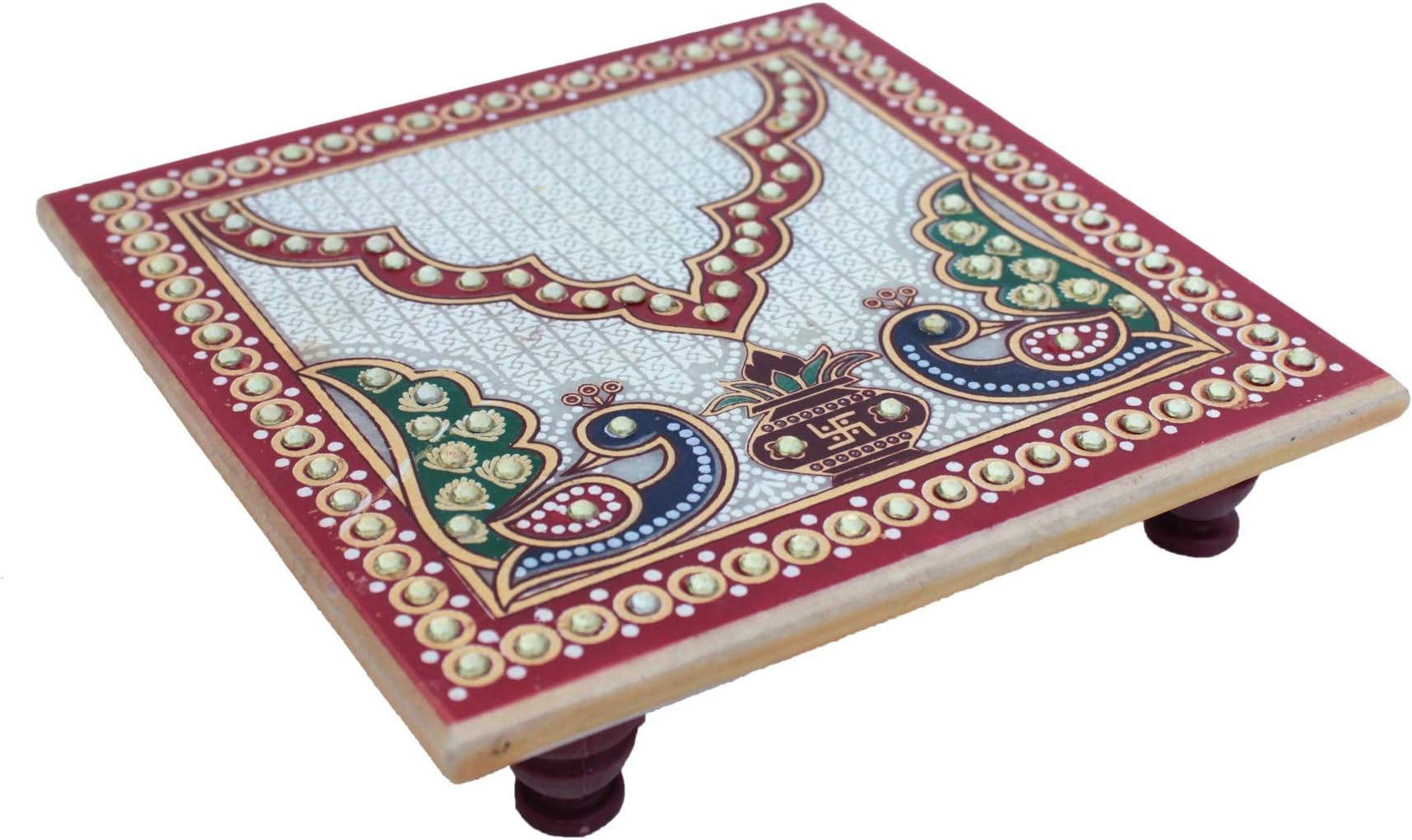 Crafticia Marble Chowki Set of 2 with Peacock Design Aasan for Puja (6x6 inch, Multicolor)