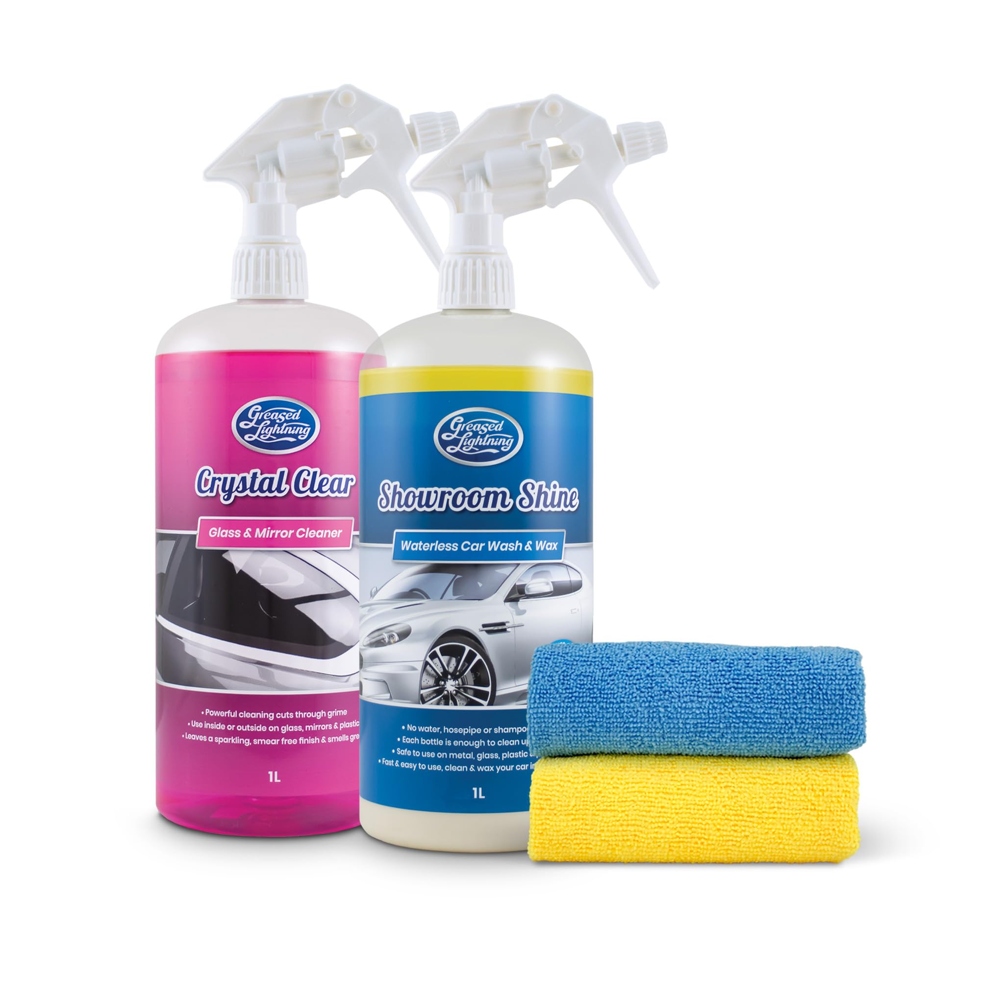 Bodywork & Windows Twin Pack - Showroom Shine 1L Waterless Wash and Wax & Crystal Clear 1L Glass & Mirror Cleaner Plus 2 Microfibre Cloths Pack