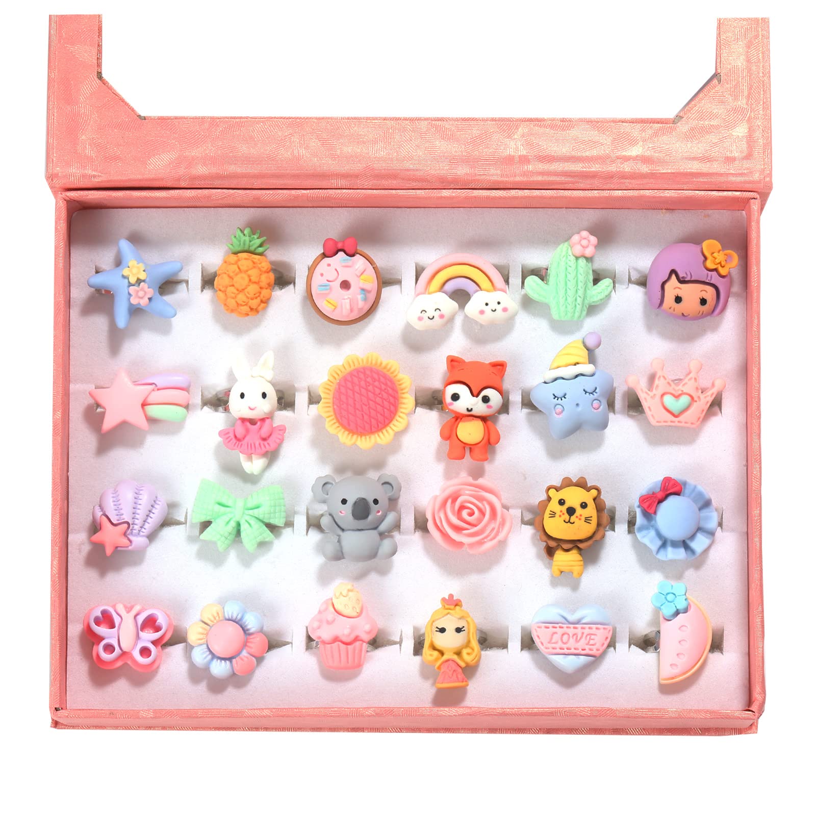 Pinkgarden PinkSheep 24 Surface Jewelry Rings for Little Girls, Adjustable and No Duplication, Girls Pretend Play and Dress Up Rings with Gift Box — image 1