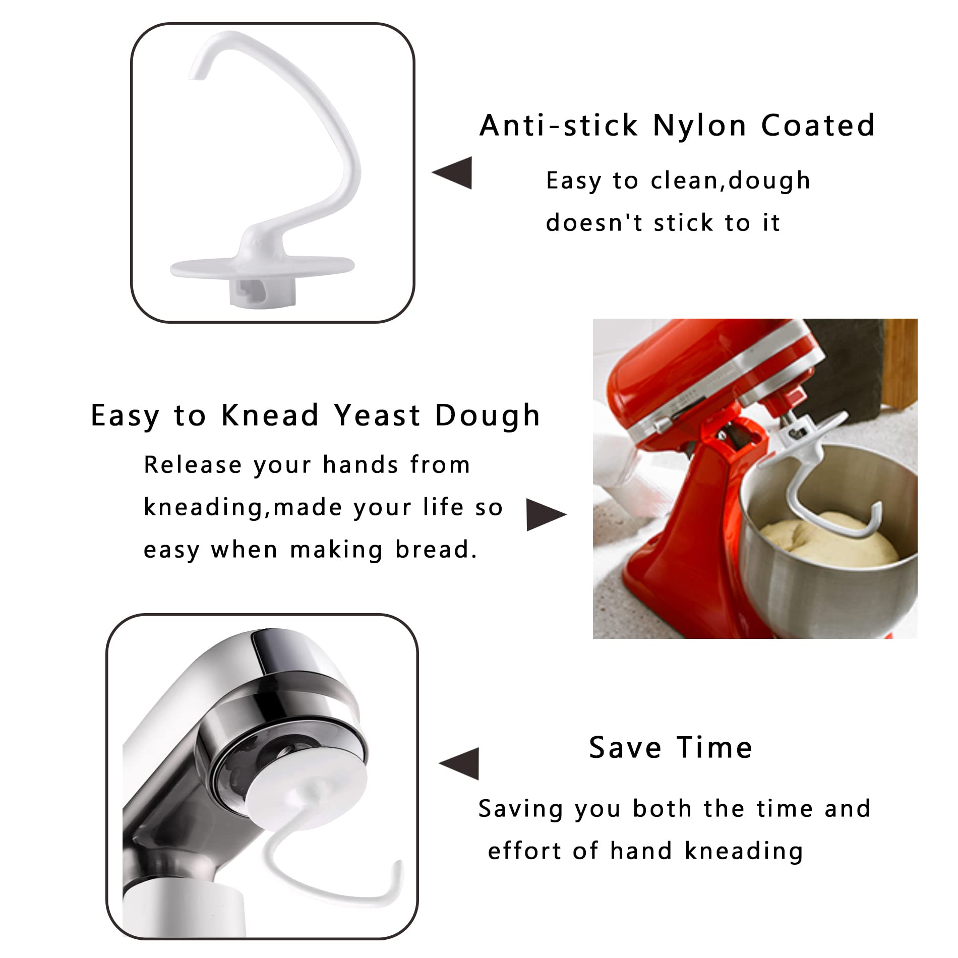 K45DH Coated Dough Hook Compatible with Kitchen-Aid Mixer, Bread Hook Attachment for Kitchen Aid K45 K45SS KSM90 KSM150 Tilt-Head Stand Mixers, 4.5/5.0 Quart Bowl