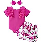 Dimoybabe Baby Girl Clothes Newborn Cute Ruffle Short Sleeve Romper Floral Shorts Summer Outfits with Headband 0-18 Months
