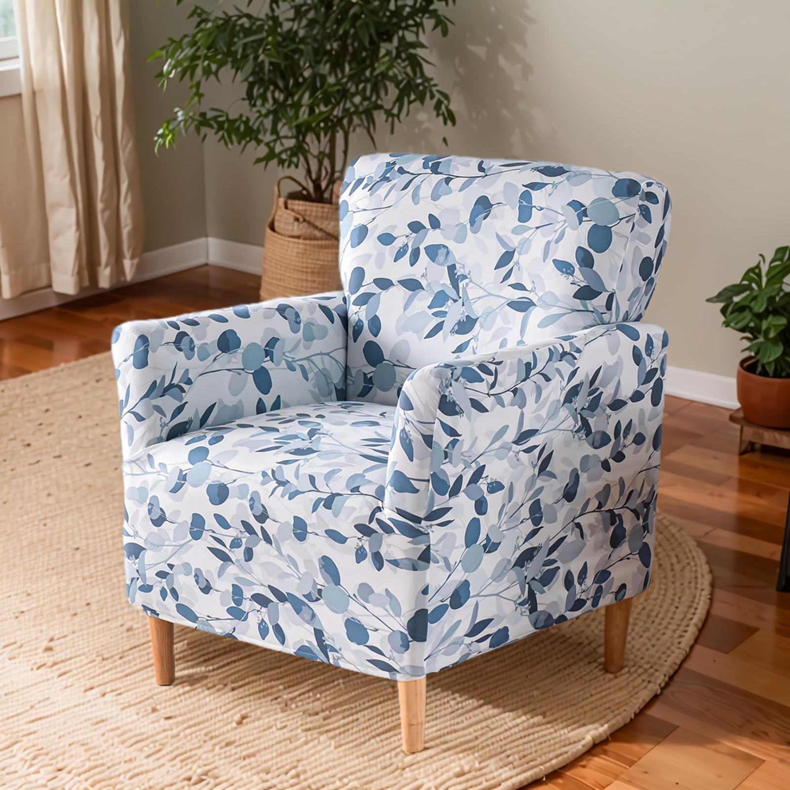 OKYUK Banquet Armchair Slipcovers Printed Chair Slipcovers with Arms 1-Piece Stretch Chair Covers for Living Room Anti Slip Soft Armchair Slipcover Kids Pets Friendly Furniture Protector(Blue leaves)