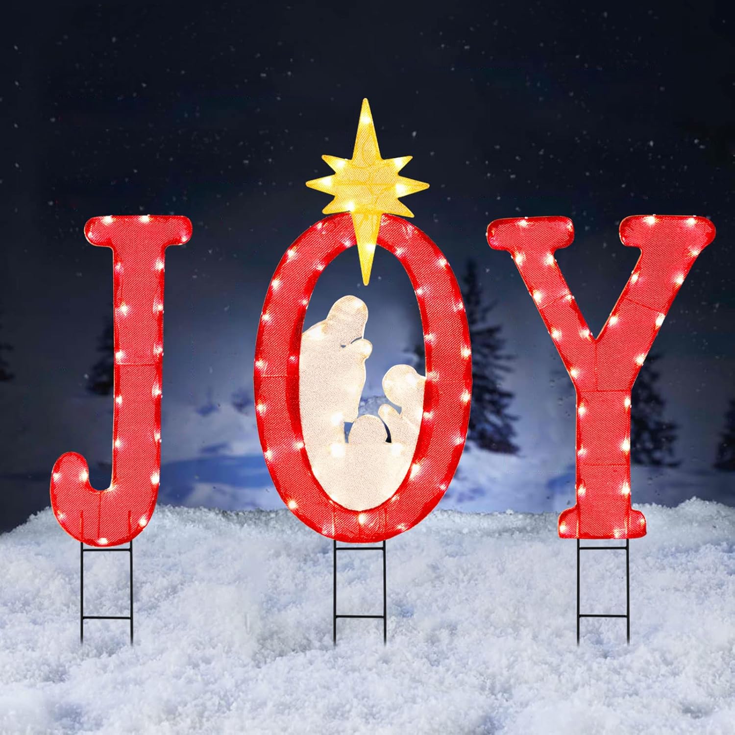 Yard Signs - LEWIS&WAYNE Christmas Joy Nativity Yard, 45’’ Tall Pre-lit Metal Marquee Letter Joy Sign Holiday Holy Family with Clear Light Display 100 Warm White Lights Outdoor Decor for Lawn, Garden