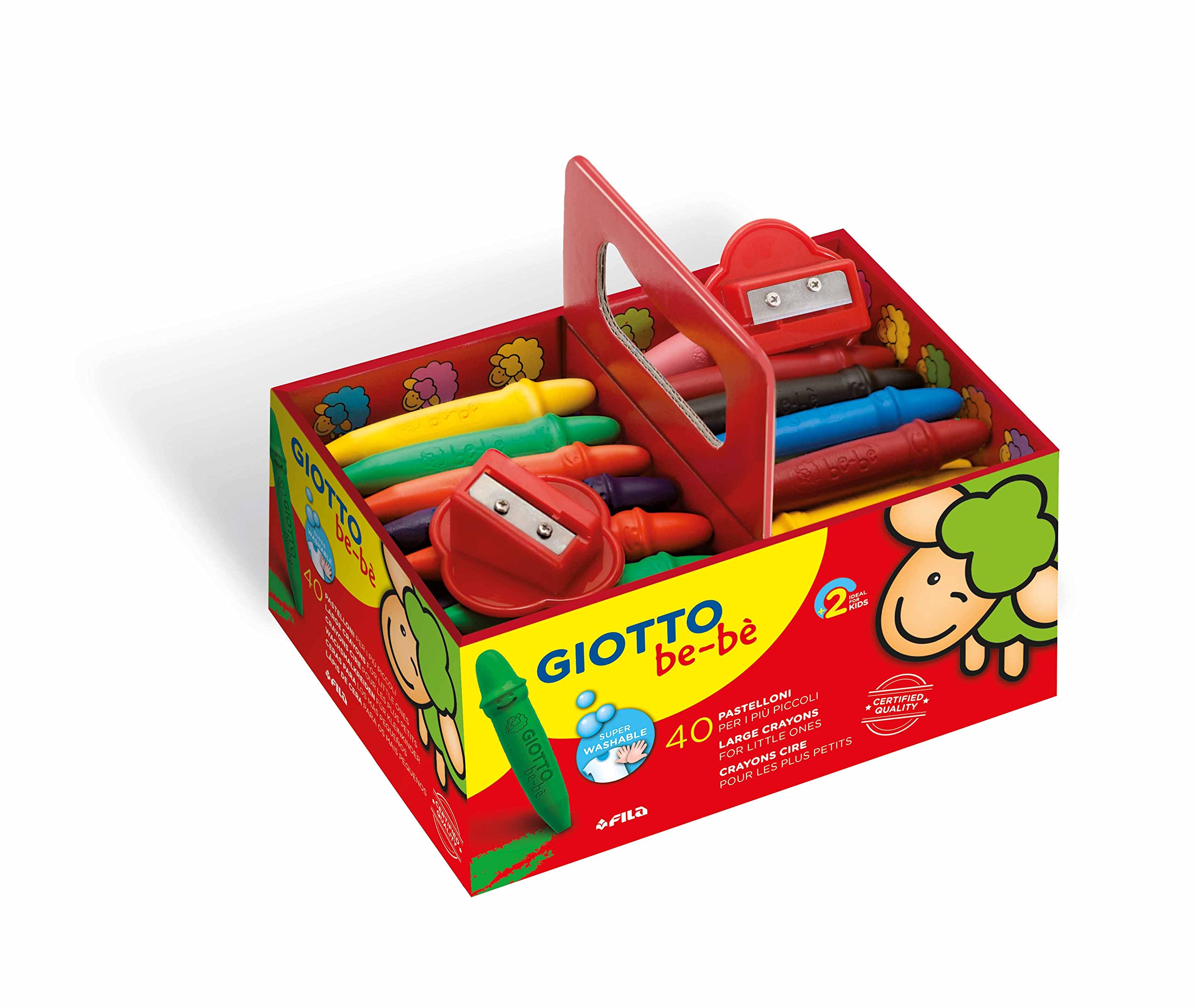GIOTTO be-bè Wax Supercrayons, School pack of 40 Crayons with 2 Crayon Sharpeners, Assorted Colours, Super-Washable, For Children and Schools