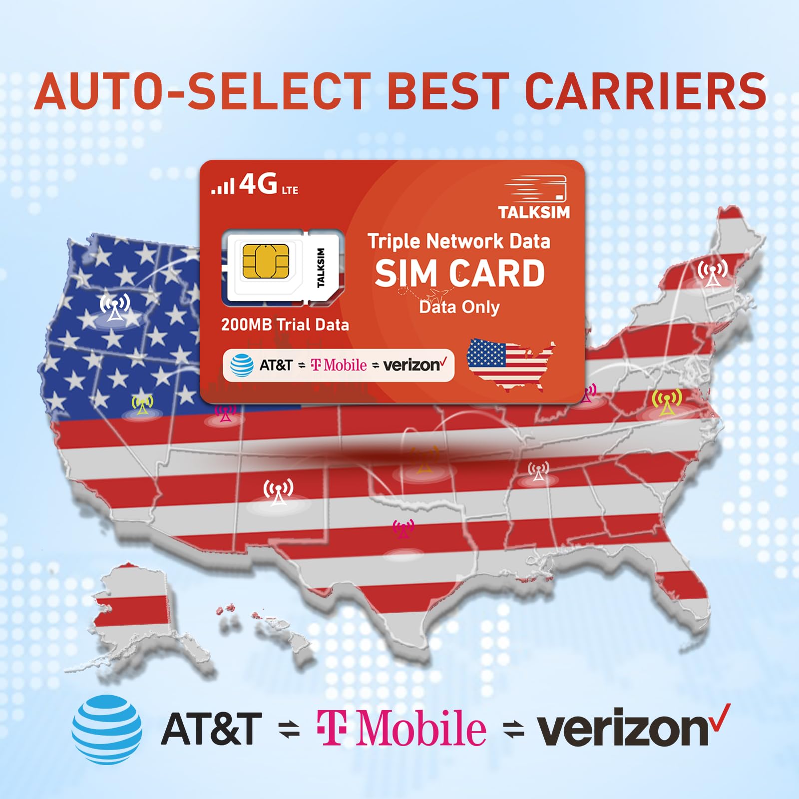 Prepaid 4G LTE Cellular SIM Card Support Verizon, AT&T and T-Mobile -200MB USA Data Only SIM for Unlocked Security Cameras/Router/Mobile WiFi Hotspot/Watch/GPS Tracker iot Devices