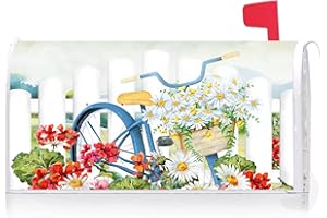 Texupday Floral Blooms Bicycle Fence Decoration Mailbox Cover with Magnetic Strip Spring Daisy Flower Mailbox Wraps Post Letter Box Cover Standard Size 21" X 18" for Garden Outdoor Yard Decor