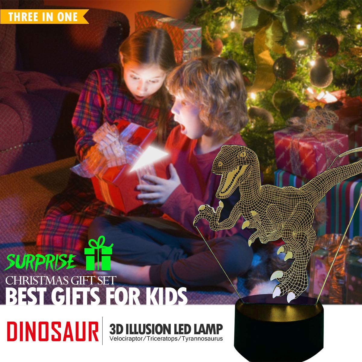 3D Night Light, Night Lights for Kids 3 in 1 3D Dinosaur Illusion Night Lamp Bedside Lamp 3 Colors, 3D Night Light for Kids Best Birthday Gifts for Kids Girls Boys Baby