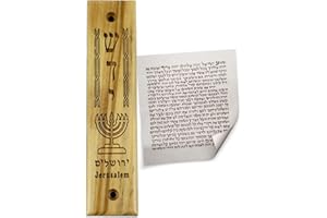 LOGOS TRADING POST Olive Wood Mezuzah with Scroll, Shaddai & Menorah, Made in Israel, Religious Home Décor for Door & Wall, Includes Parchment Prayer Scroll, Jewish & Messianic House Wall Art