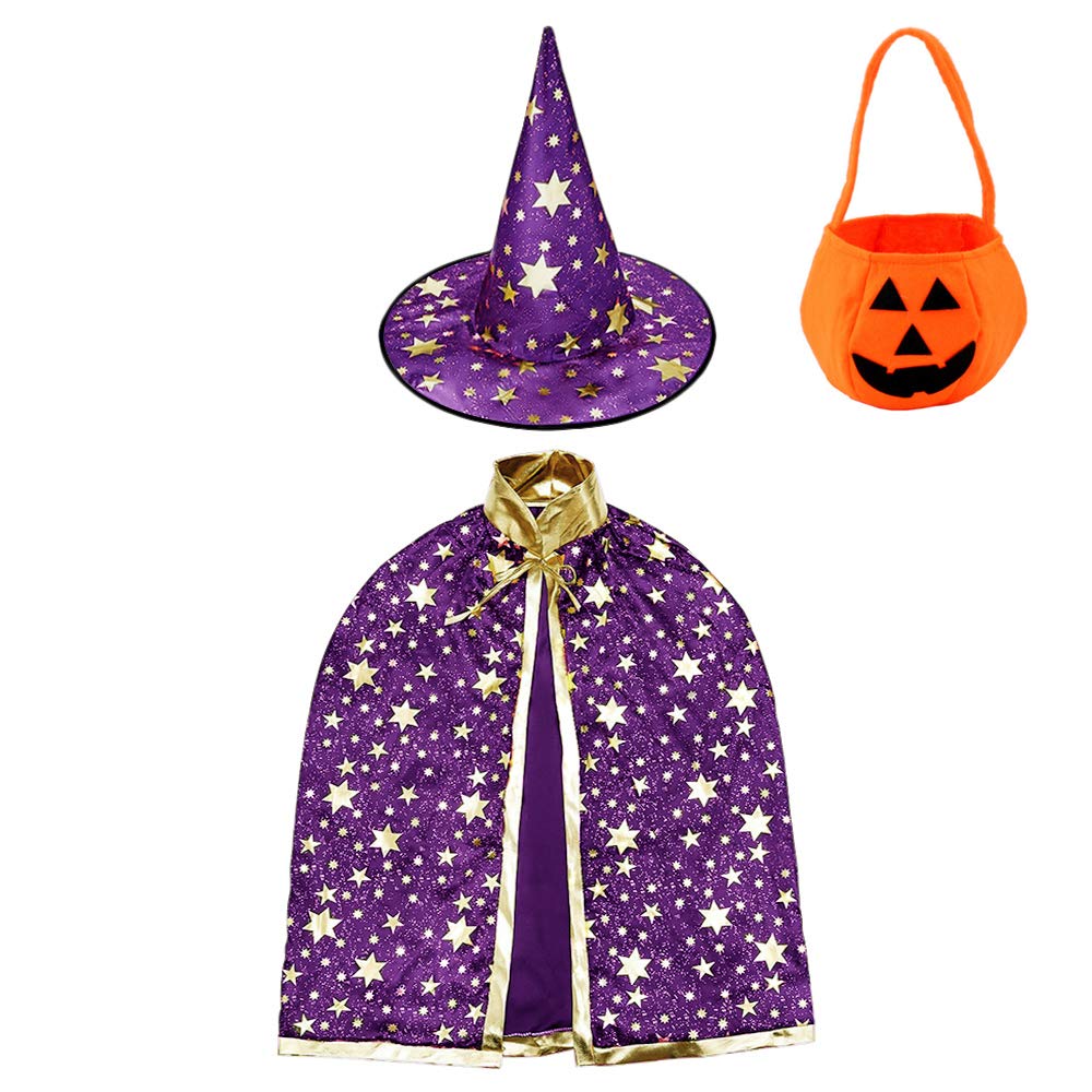 Jackcell Girl's Wizard e Witch Cloak With Pumpkin Candy Halloween Costume Props Cosplay Party Cap Bag, Purple, Medium-80cm long