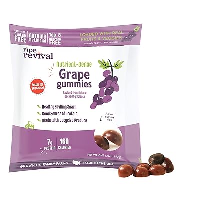 Ripe Revival | Nutrient-Dense Grape Gummies | Naturally Sweetened 5g Sugar, Gluten-Free, No Artificial Ingredients | 10 grams Protein, 6 Net Carbs, High Fiber | 1.76oz Bag (Grape)