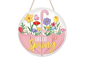 HINSLY Spring Decoration Wood Door Wall Signs, Wooden Wreaths Front Door Welcome Sign Umbrella Flower Sign Ornaments Door Hanger Crafts for Spring Home Farmhouse Party Porch Wall Decor