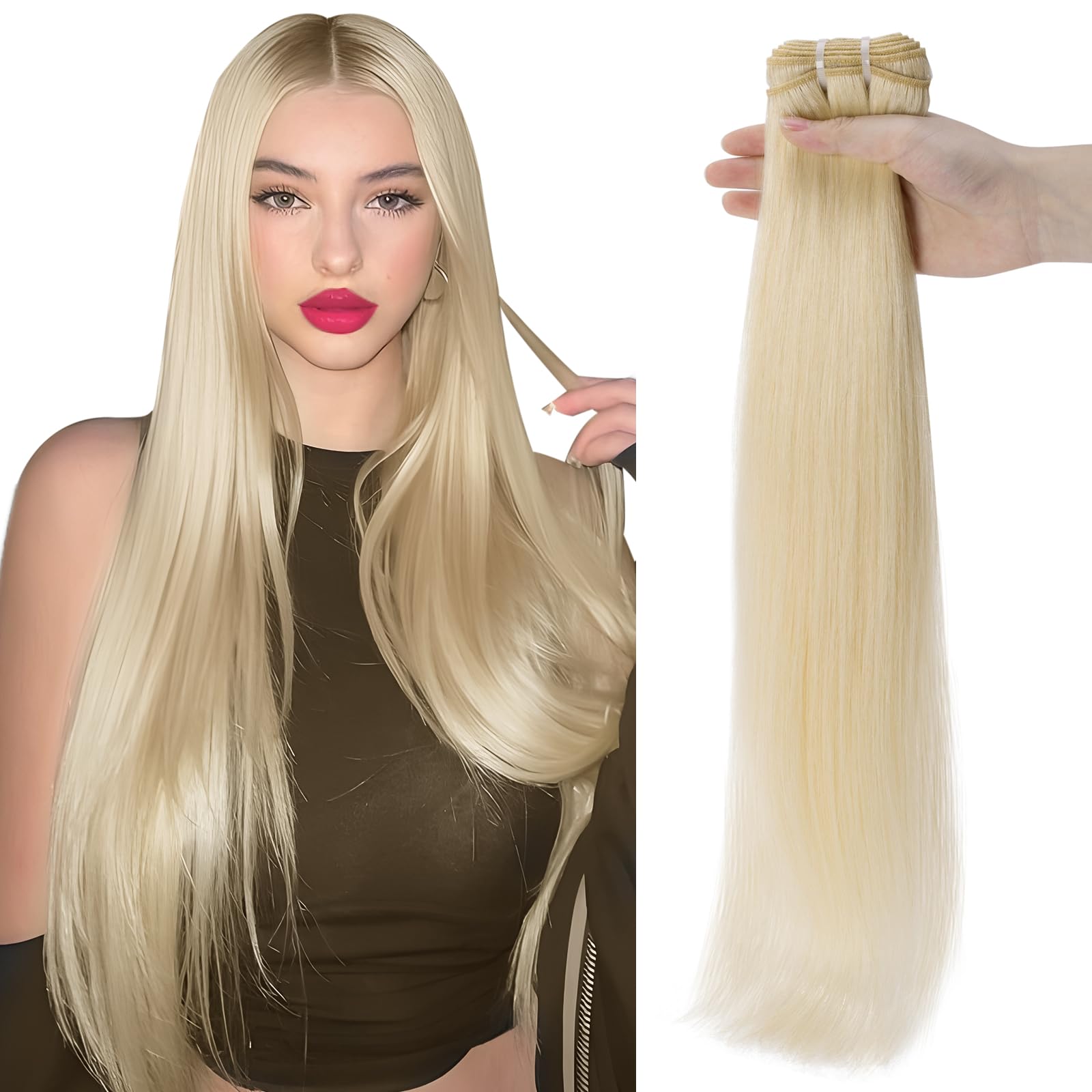 Elailite 10"-24" Blonde Remy Human Hair Weave Bundles Real Natural Hair Extensions Weft Straight No Clips - #60 Platinum Blonde (1 Bundle, 12 Inch, 100g) — image 1