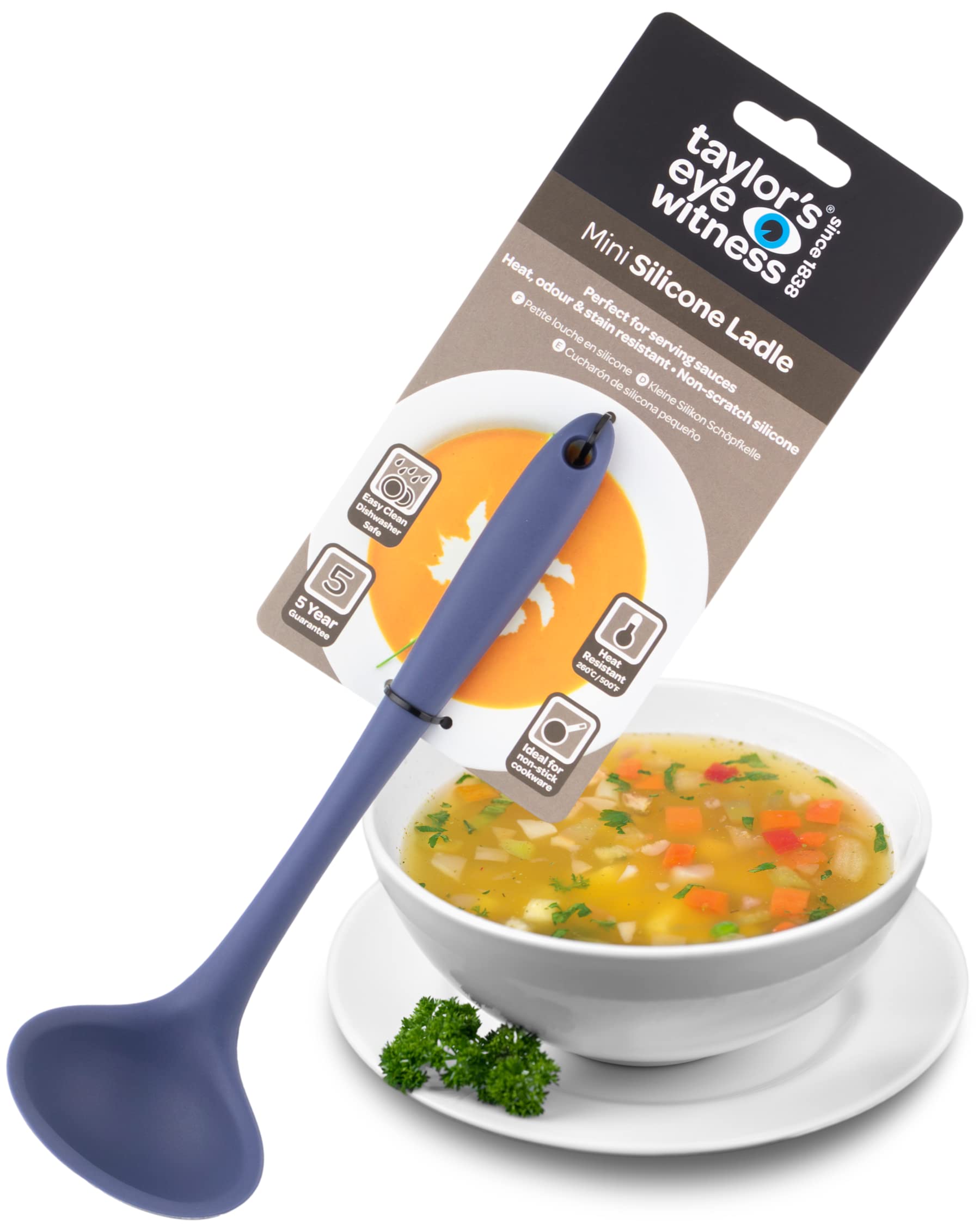 Taylors Eye Witness Denim Blue Mini Silicone Ladle Spoon - Dishwasher Safe. Perfect for Non-Stick Pans. Hygienic Alternative to Wood. Odour, Stain & Heat Resistant (260°C/500°F). 5 Year Guarantee.