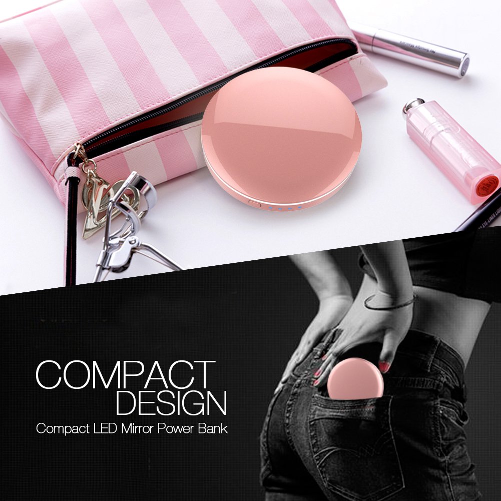 Batterie Externe Miroir Lumière LED - OrimeCharger PB76m Power Bank 1600mAh, Mini Miroir Maquillage Voyage, Cadeau pour femme/fille/maman/épouse/petite amie/soeur (Or rose)