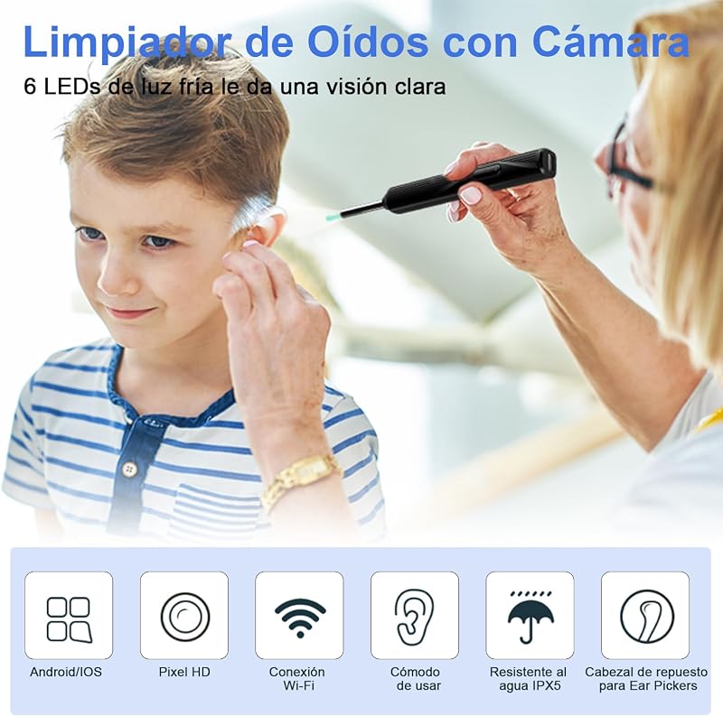 Kit inalámbrico de limpieza de oídos, limpiador de oídos con otoscopio con cámara HD, carga USB, kit de limpieza visual de oídos con 6 LED para el cuidado familiar — foto 2 de 8