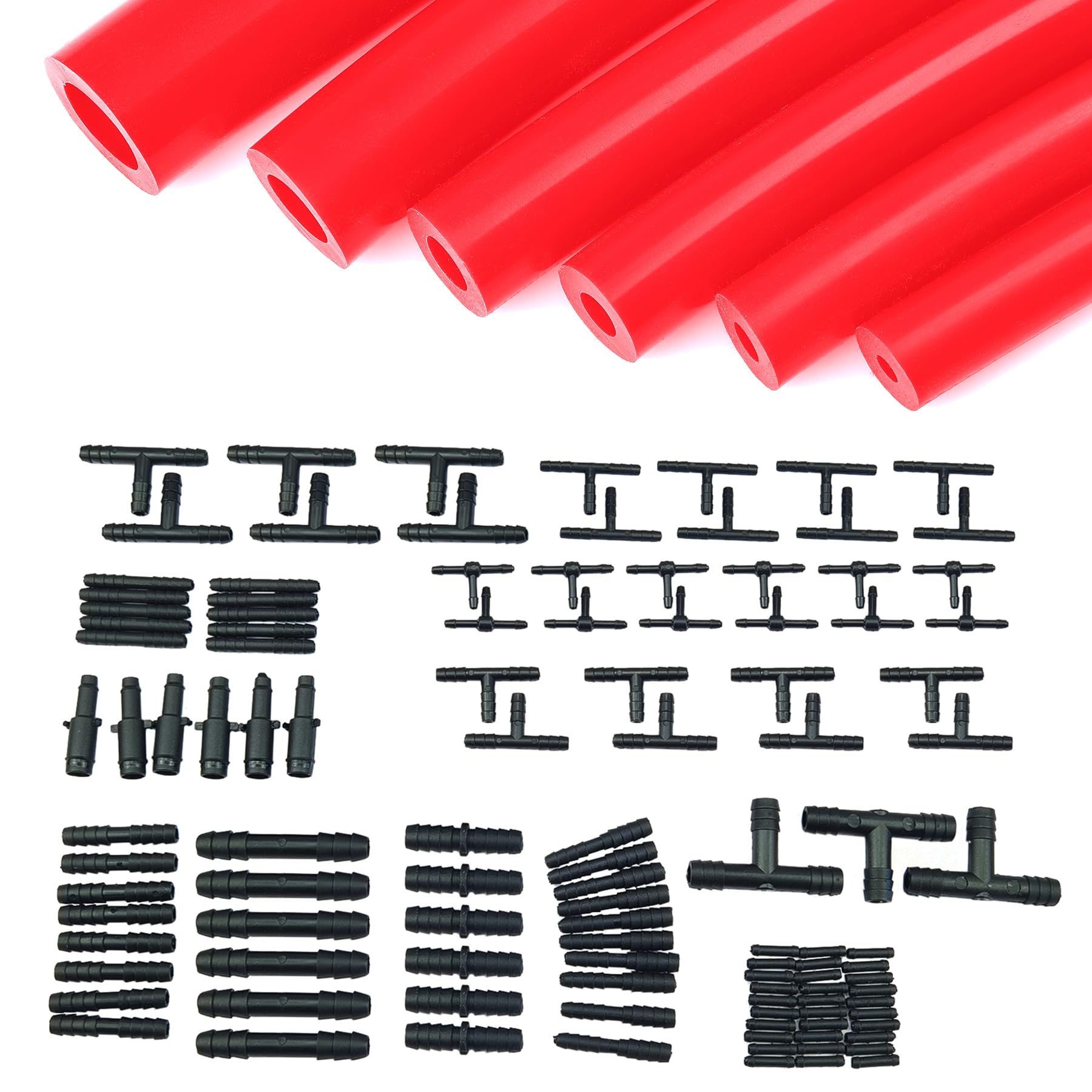 Photo 1 of Ucreative Silicone Vacuum Hose Kit 6PCS 5FT Tubing (1/8" to 3/8") + 113PCS Nylon Connectors High Performance Automotive Replacement (Red)