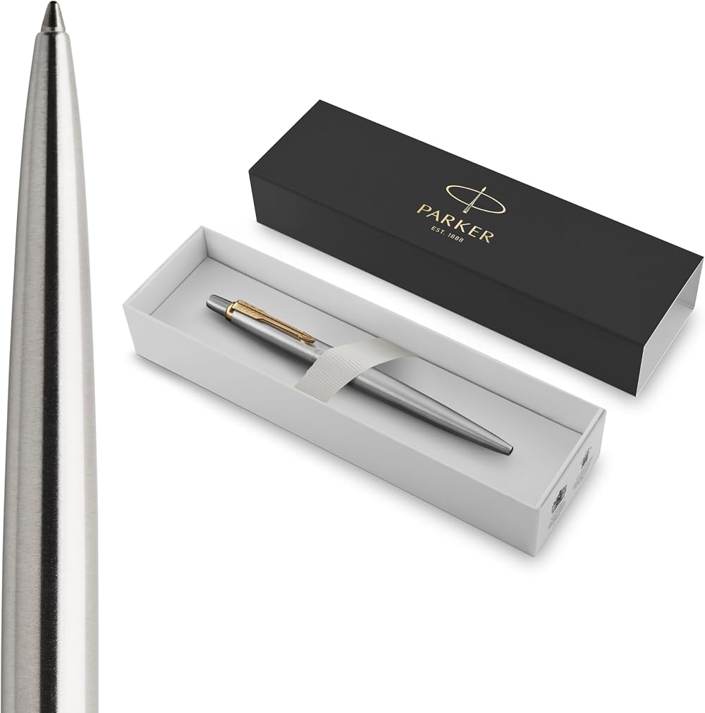 Parker Jotter Ballpoint Pen Stainless Steel Golden Trim Medium Blue Ink Gift Box
