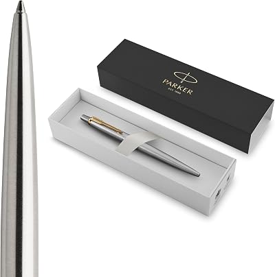 Parker Jotter Ballpoint Pen Stainless Steel Golden Trim Medium Blue Ink Gift Box