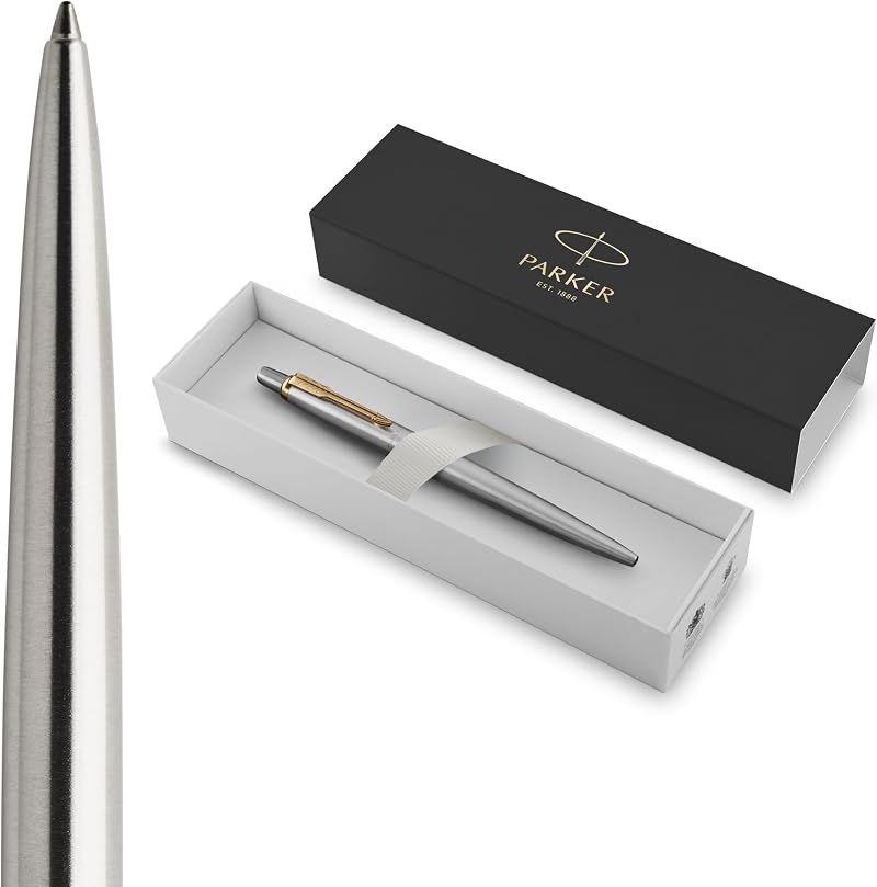 Parker Jotter Ballpoint Pen Stainless Steel Golden Trim Medium Blue Ink Gift Box