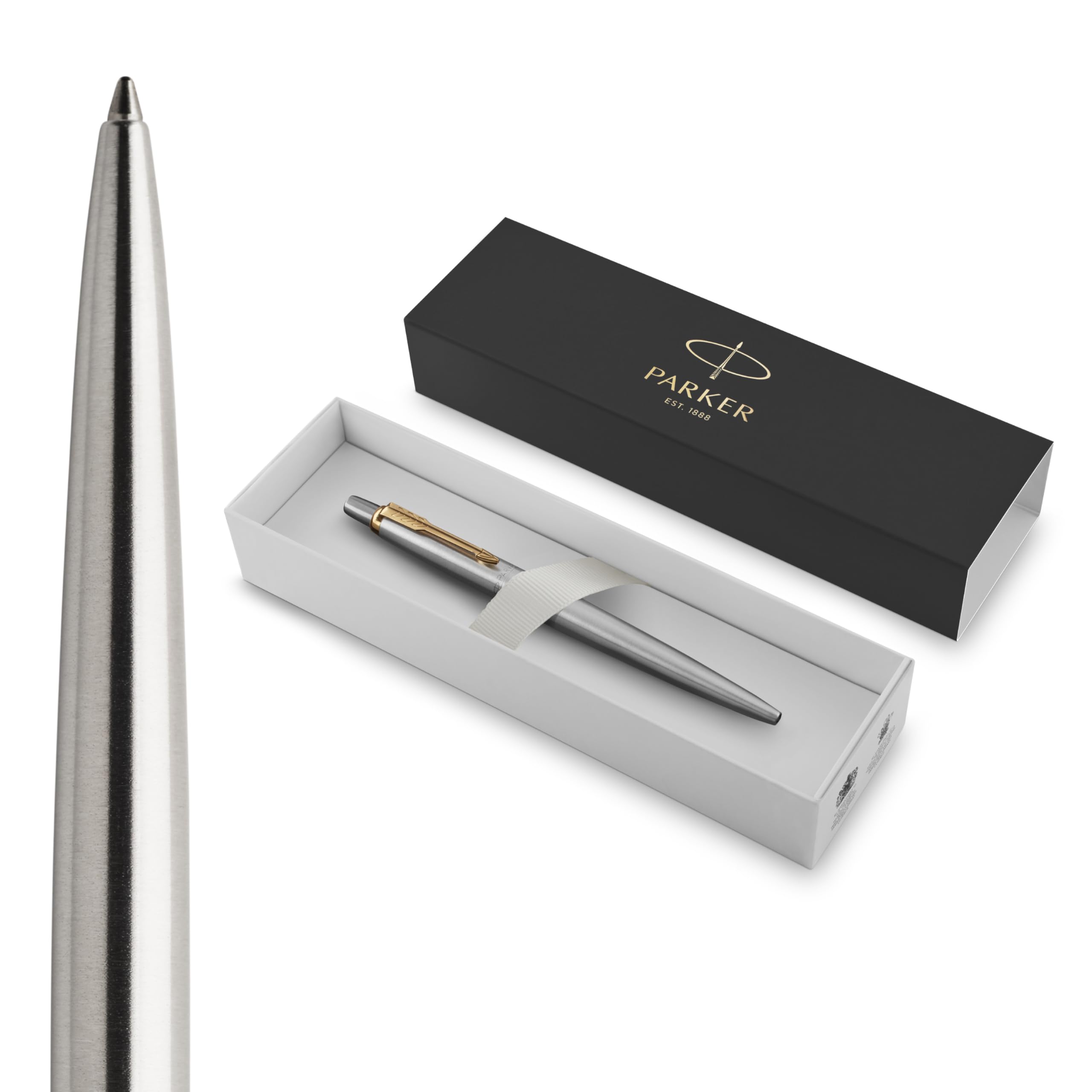 Parker Jotter Ballpoint Pen | Stainless Steel with Golden Trim | Medium Point | Handwriting Pens & Stationery Supplies | Blue Ink | Gift Box — image 1