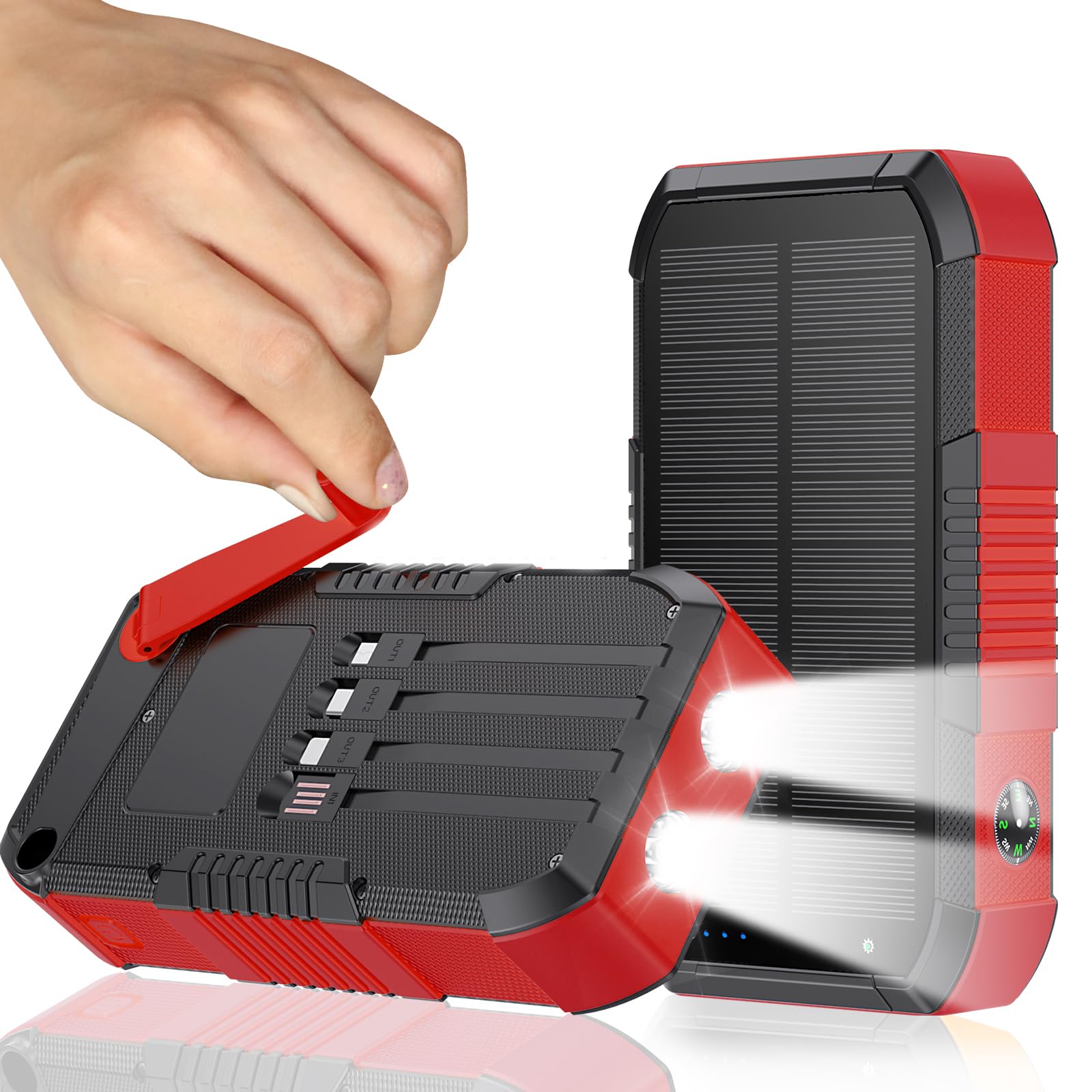 kigoker Solar Power Bank 66800mAh Built in Hand Crank and 4 Cables 22.5W Fast Charge,Camping Essentials/SOS/Strobe/Strong Flashlights,Compass Solar Portable Charger Power Bank (Red)