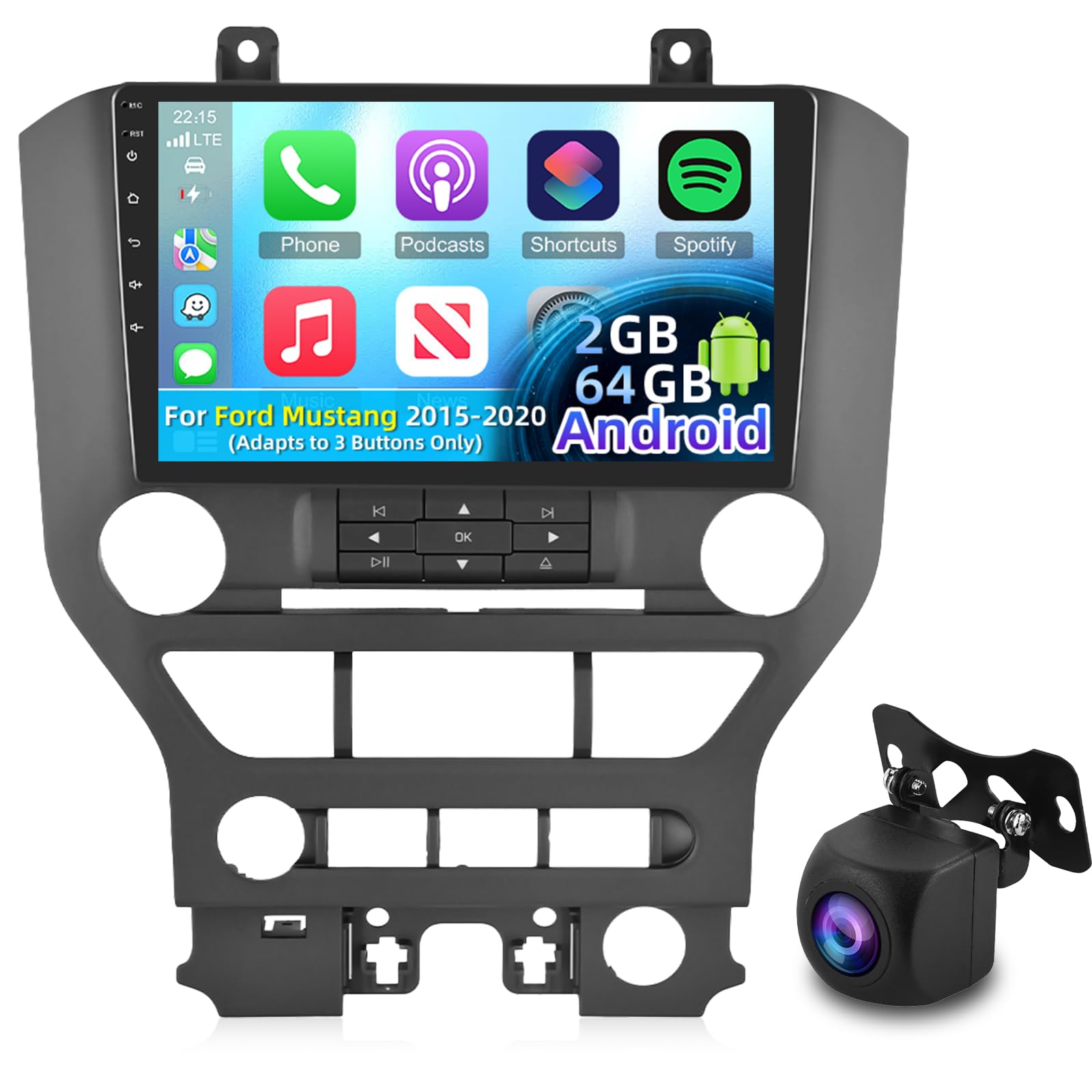 Photo 1 of [2G+64G] Radio for Ford Mustang 2015 2016 2017 2018 2019 2020 (Adapts to 3 Buttons Only), 9 inch Android Touch Screen Mustang Car Stereo, Carplay/Android Auto/EQ Audio/1080P/SWC/Bluetooth