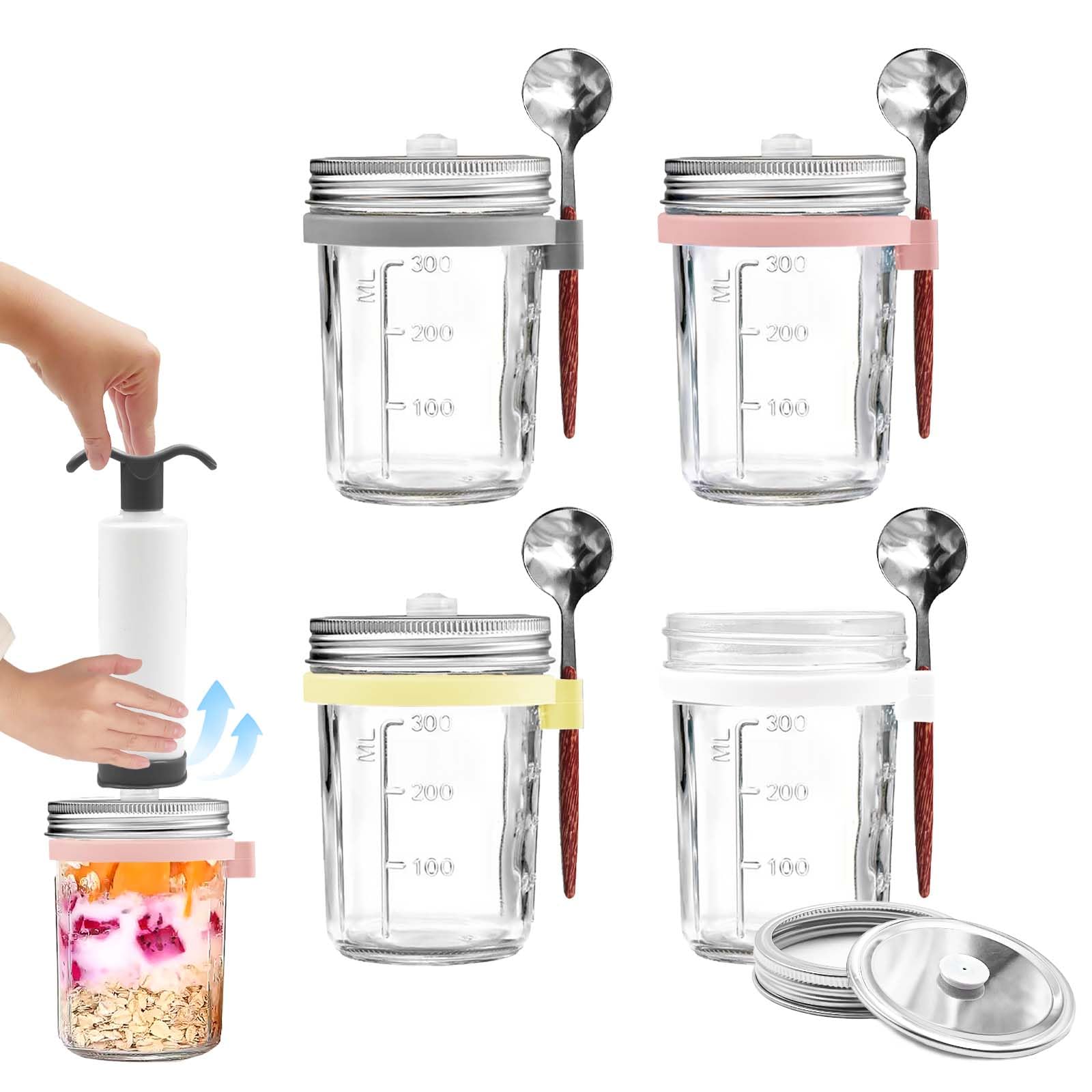 Daily Treasures 4Pack Vacuum Sealed Overnight Oats Jar & Manual Air Pump,Breakfast Jars with Lids and Spoons,Cereal & Milk On The Go Glass Breakfast Containers for Work,Cereal Cup,Longer Storage Time
