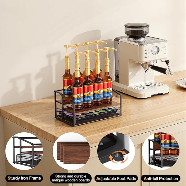 KIMILUS COFFEE SYRUP RACK ORGANIZER, 3-TIER 8 BOTTLE SYRUP RACK WITH 35 K CUP DRAWER FOR COFFEE BAR, COUNTERTOP BOTTLE HOLDER STAND FOR DRESSING FOR KITCHEN CAFE STATION