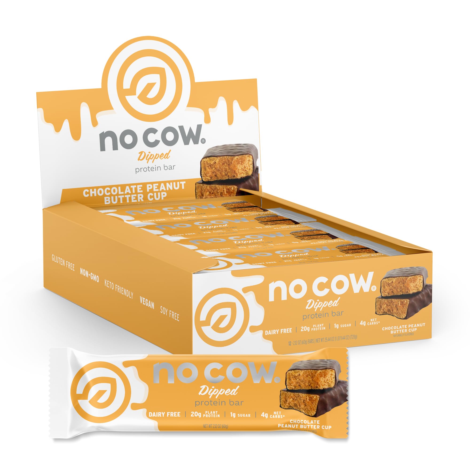 No Cow Vegan Protein Bars, Upgraded Peanut Butter Cup | 20g Plant Based Protein, Gluten Free, Dairy Free, Soy Free, Keto Friendly, Low Sugar, High Fiber Snack Bars | Pack of 12