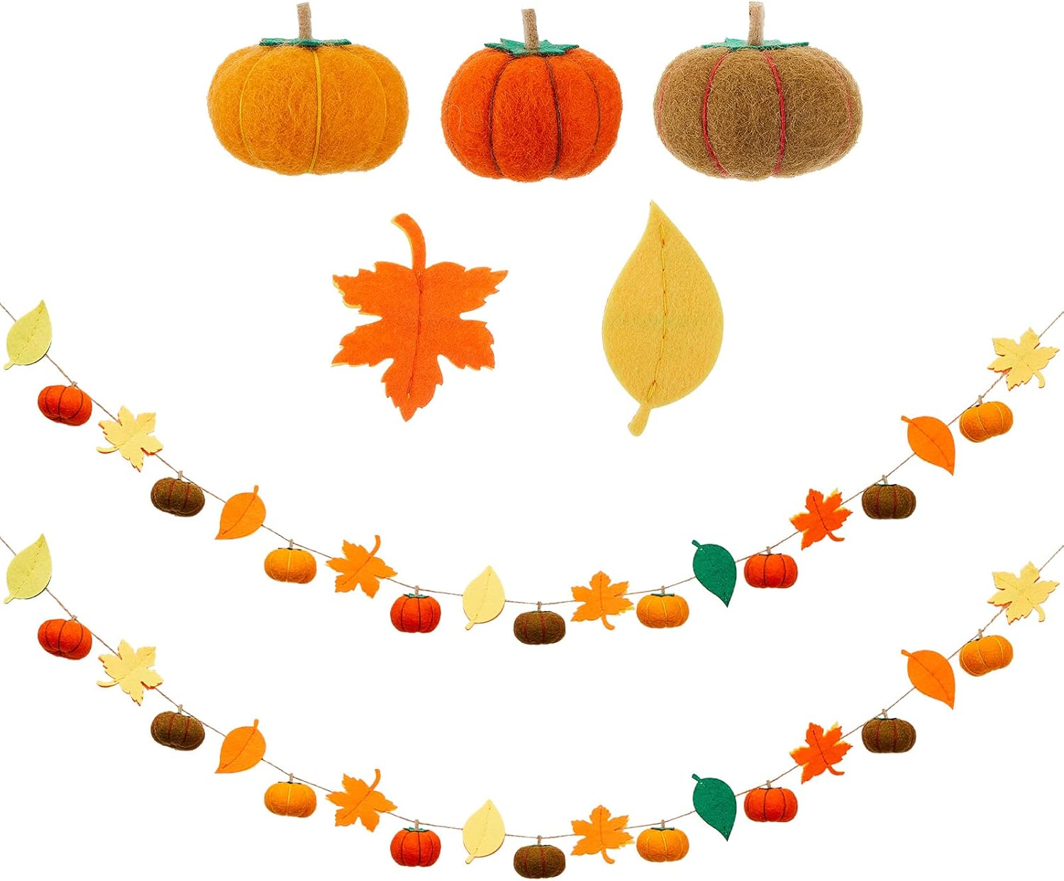 Wreaths, Garlands & Swags - Jecery 2 Pcs Thanksgiving Felt Pumpkin Garland Maple Leaves Fall Felt Garland 78 Inches Fall Pom Pom Garland for Thanksgiving Halloween Autumn Decor Fireplace Farmhouse Hanging Bunting Banner