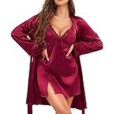 RSLOVE Women’s Satin Sleepwear Set – 2 Piece Lace Cami Nightgown and Long Sleeve Robe Sexy Silk Pajamas Lingerie for Women