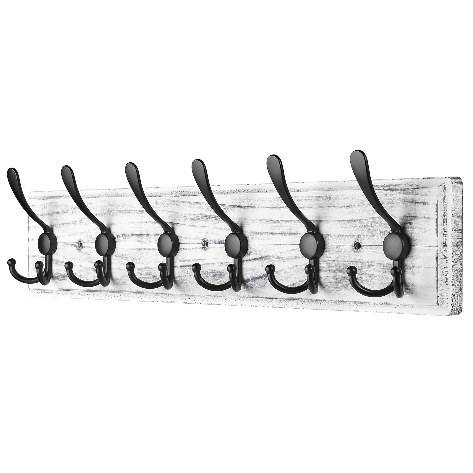 PHINGEER Wall Mounted Coat Hooks, Wooden Heavy Duty Coat Rack for Wall,6 Triple Coat Hanger Hooks for Hanging Coats,Jacket,Hat,Clothes(Grey White, 6 Hooks)