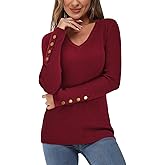 Newshows Womens Sweaters Fall V Neck Pullover Long Sleeve Stretch Button Casual Ribbed Knit Tops