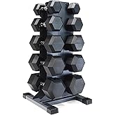 CAP Dumbbell Set with Rack, Rubber Coated Hex Free Weight Set | 100&ndash;300 lb Options, Vertical Space-Saving Storage for Home Gym Strength Training