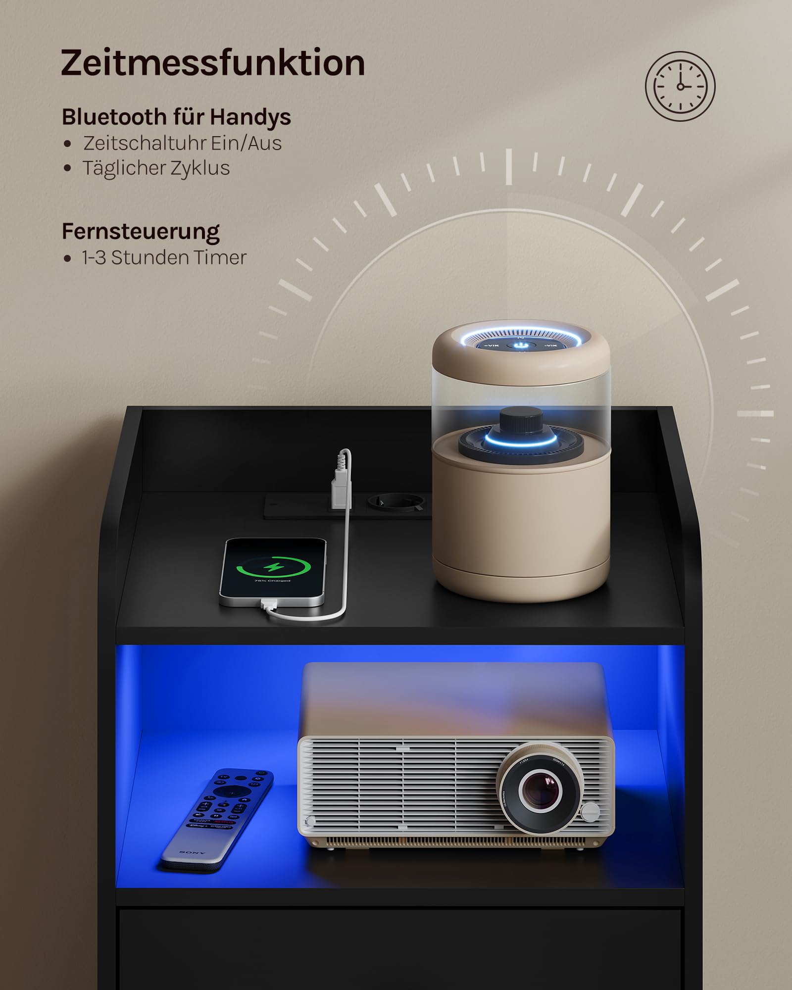 WOLTU Nachttisch 2er Set, mit Steckdose, Nachtschrank mit LED-Beleuchtung, schwarz, 2 Schubladen und 1 offenem Fach, 40 x 35 x 64 cm, geeignet für Schlafzimmer, Wohnzimmer, moderner Stil, NTS07sz-2 7