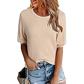 Dokotoo Womens Summer Tops 2026 Casual Crewneck Short Lantern Sleeve Blouse Waffle Knit Pullover Shirts