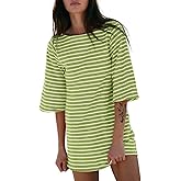 EXLURA Women's Summer T Shirt Dress Casual Short Sleeve Loose Striped Mini Dresses 2026 Vacation Beach Sundress Pockets
