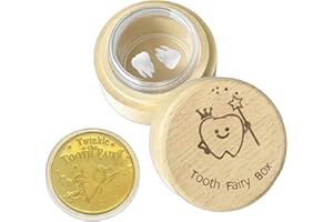 Eiohiuy Tooth Fairy Gifts for Girls and Boys Tooth Fairy Box Coin Transparent jar with Gold Foil Reward Coins Wood Baby Keepsake Box for Lost Teeth Kids Birthday Gift (Boy style)